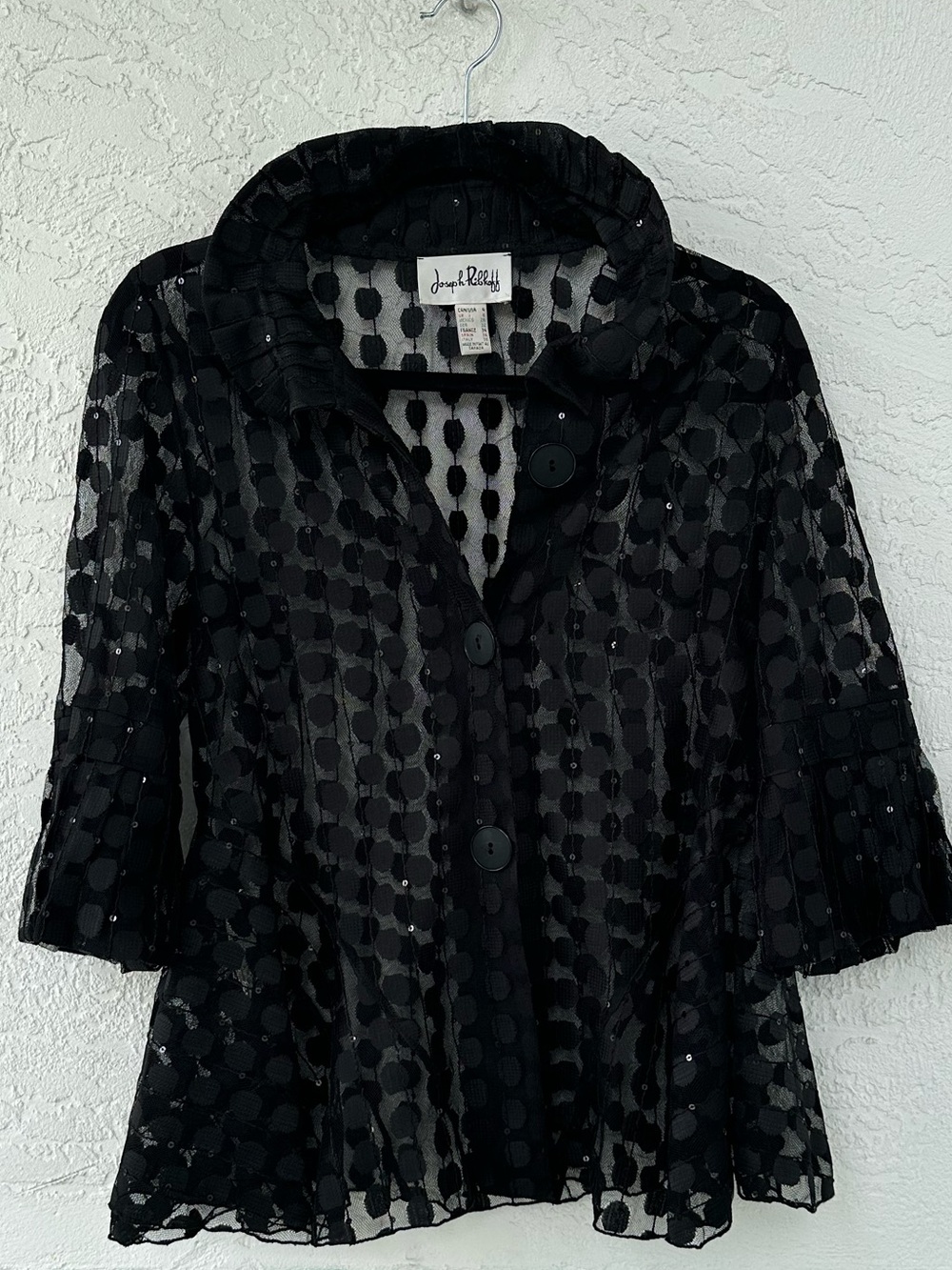 Joseph Ribkoff Vintage Black Sheer Sequin 3D Polka Dot Jacket Cover Up Size 4